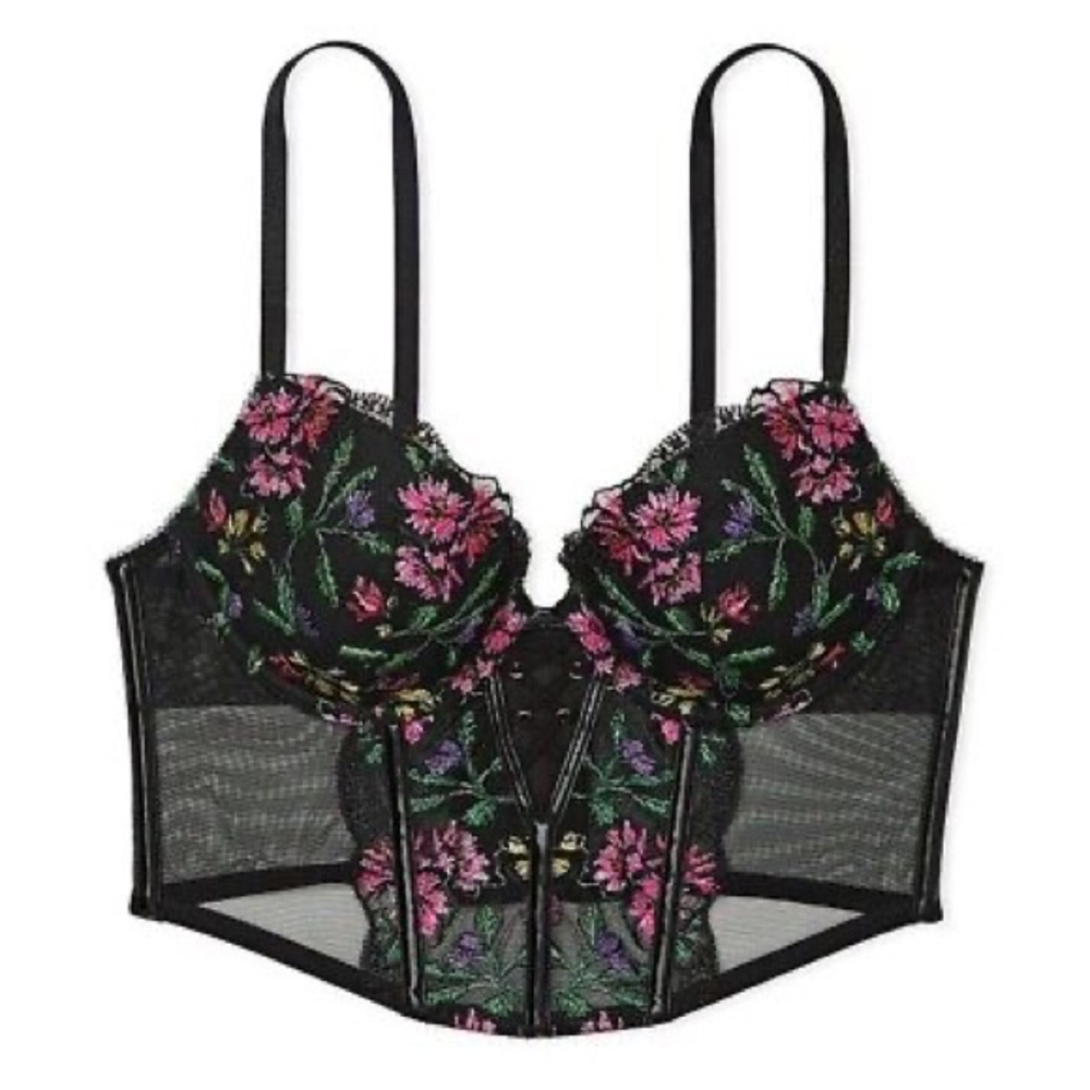 36D Spring Floral Lace Bustier with Matching Satin&Lace Crotchless Panty Size L